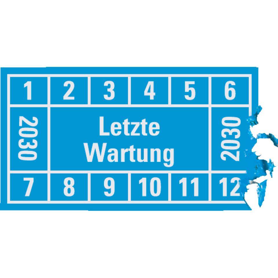 Prüfplakette Letzte Wartung 2030, hellblau, Dokumentenfolie, 45x25mm, 12/Bogen