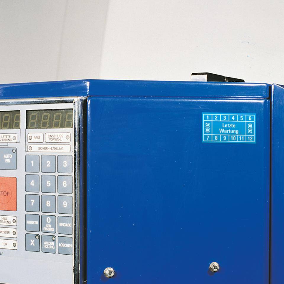 Prüfplakette Letzte Wartung 2030, hellblau, Dokumentenfolie, 45x25mm, 12/Bogen