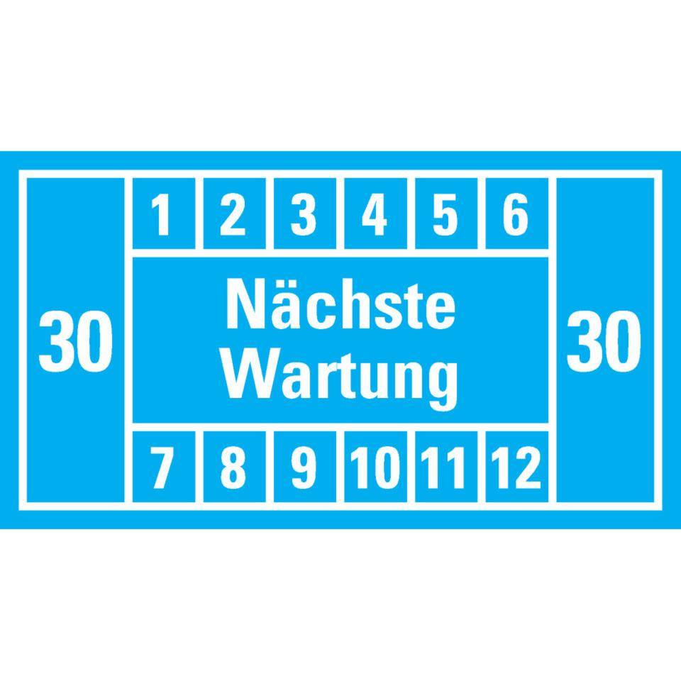 Prüfplakette Nächste Wartung 30, hellblau, Dokumentenfolie, 45x25mm, 12/Bogen