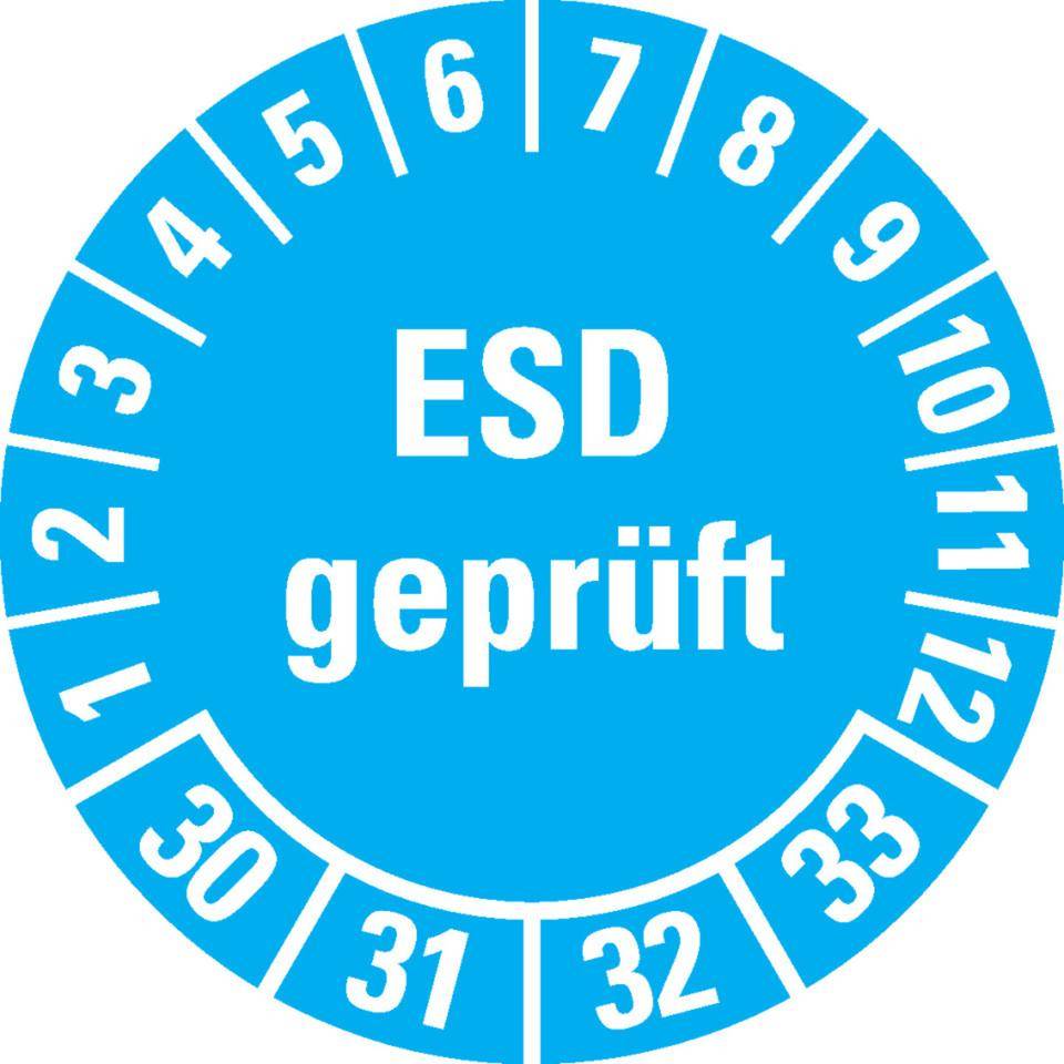 Prüfplakette ESD geprüft 30-33, hellblau, Dokumentenfolie, Ø 30mm, 18/Bogen