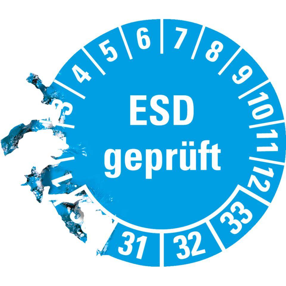 Prüfplakette ESD geprüft 30-33, hellblau, Dokumentenfolie, Ø 30mm, 18/Bogen