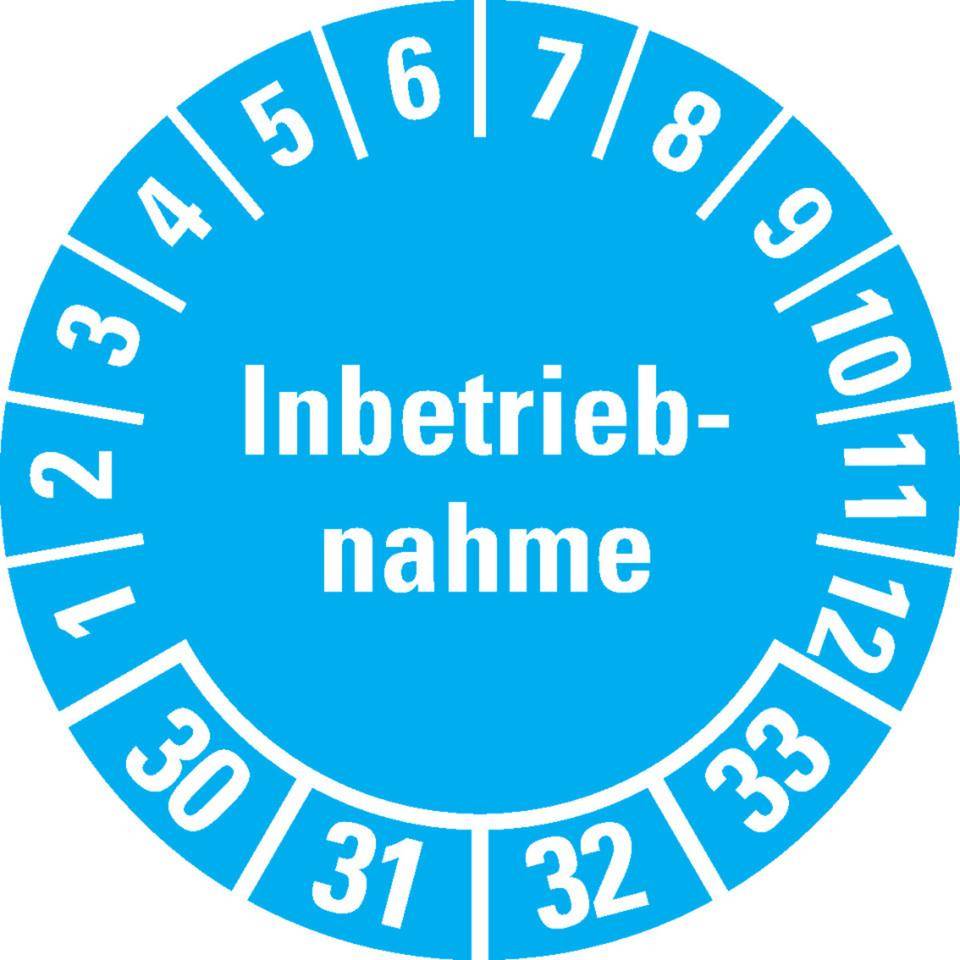 Prüfplakette Inbetriebnahme 30-33, hellblau, Dokumentenfolie, Ø 30mm, 18/Bogen