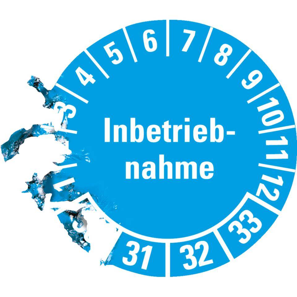 Prüfplakette Inbetriebnahme 30-33, hellblau, Dokumentenfolie, Ø 30mm, 18/Bogen