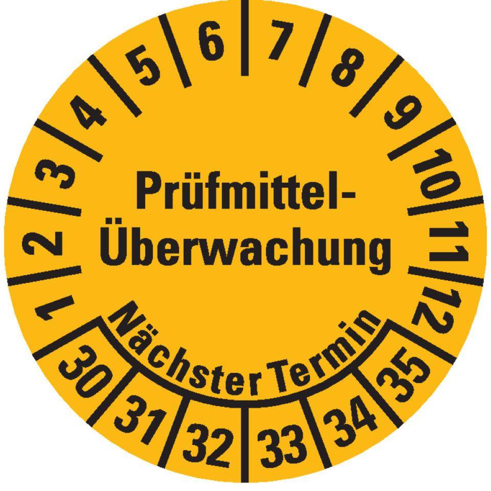 Prüfplakette Prüfmitteltelü. Nächster Termin 30-35, gelb, Dokumentenfolie, Ø 20mm, 36/Bogen