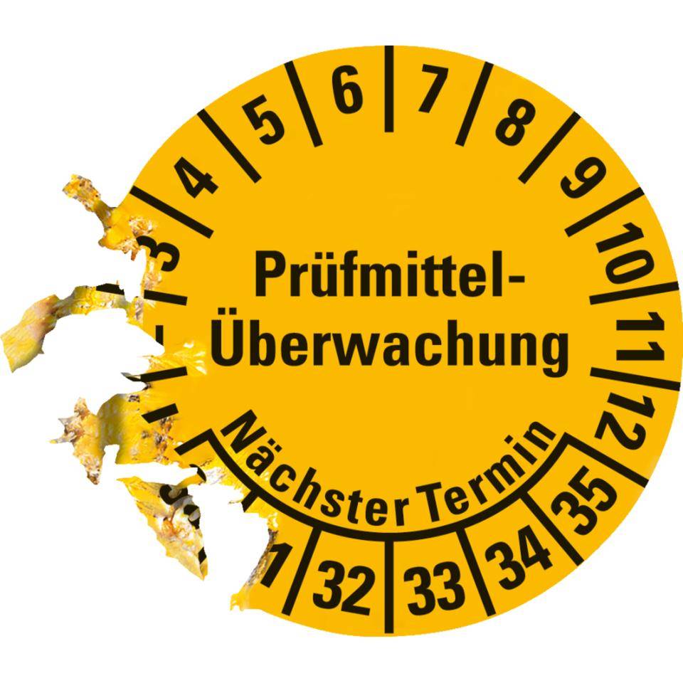 Prüfplakette Prüfmitteltelü. Nächster Termin 30-35, gelb, Dokumentenfolie, Ø 20mm, 36/Bogen