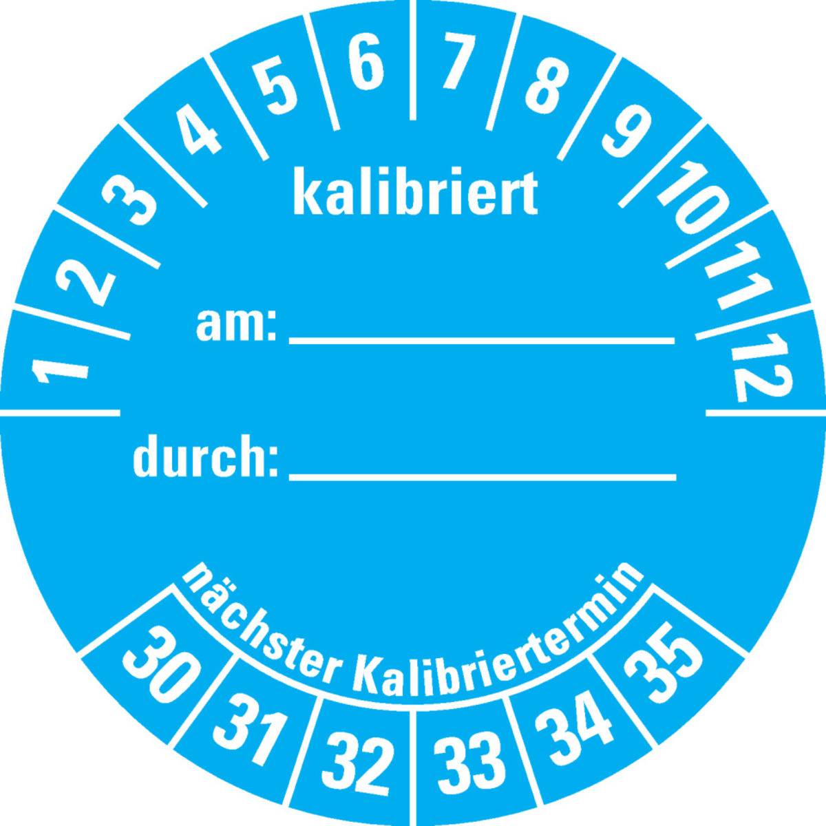 Blauer Kalibrieraufkleber mit den Nummern 1-12 oben herum und 30-35 unten. Der Text lautet „kalibriert