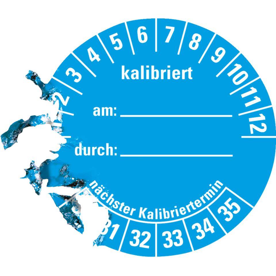 Prüfplakette kalibriert 30-35, hellblau, Dokumentenfolie, selbsklebend, Ø 40mm, 10/Bogen