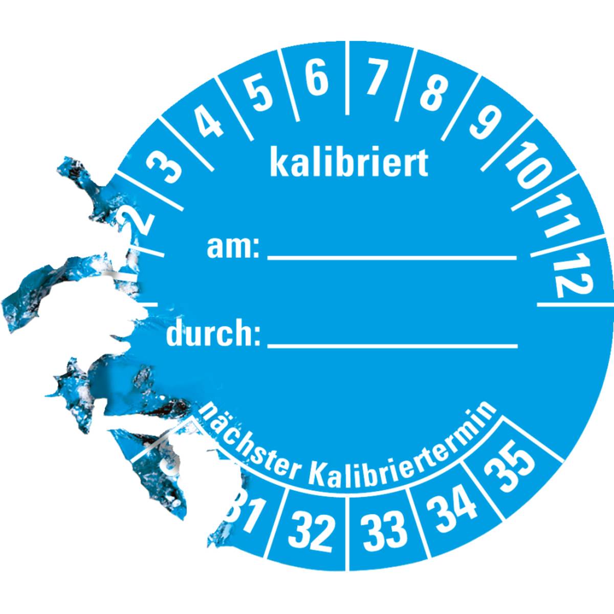 Ein blauer kreisförmiger Kalibrierungsaufkleber, teilweise beschädigt, auf dem Monate und Jahre angezeigt werden, mit Feldern beschriftet als „am: