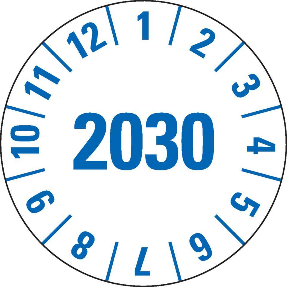 Prüfplakette 2030,weiß, Folie,mit Spezialkleber,Oberflächenschutz,Ø 25mm,21/Bogen