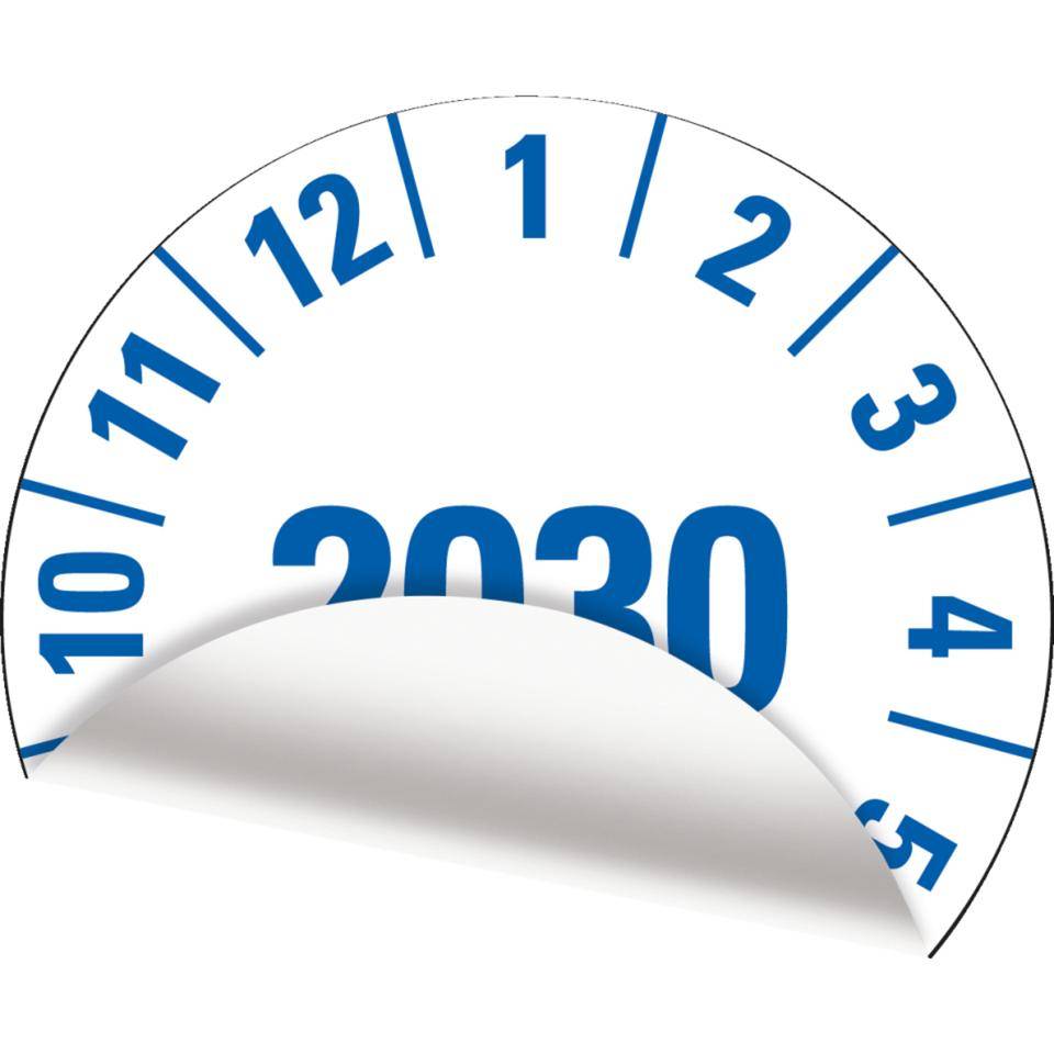 Prüfplakette 2030,weiß, Folie,mit Spezialkleber,Oberflächenschutz,Ø 25mm,21/Bogen