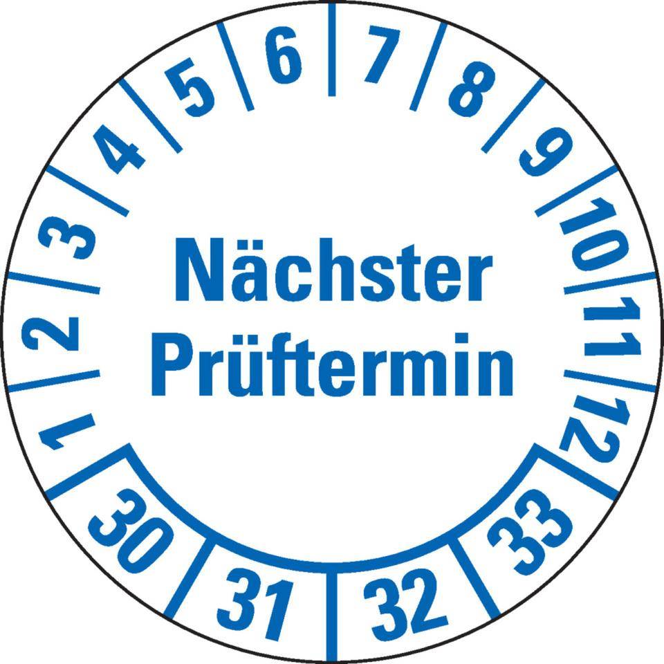 Prüfplakette Nächster Prüftermin 30-33, weiß, Folie, mit Spezialkleber, Ø 25mm, 21/Bogen