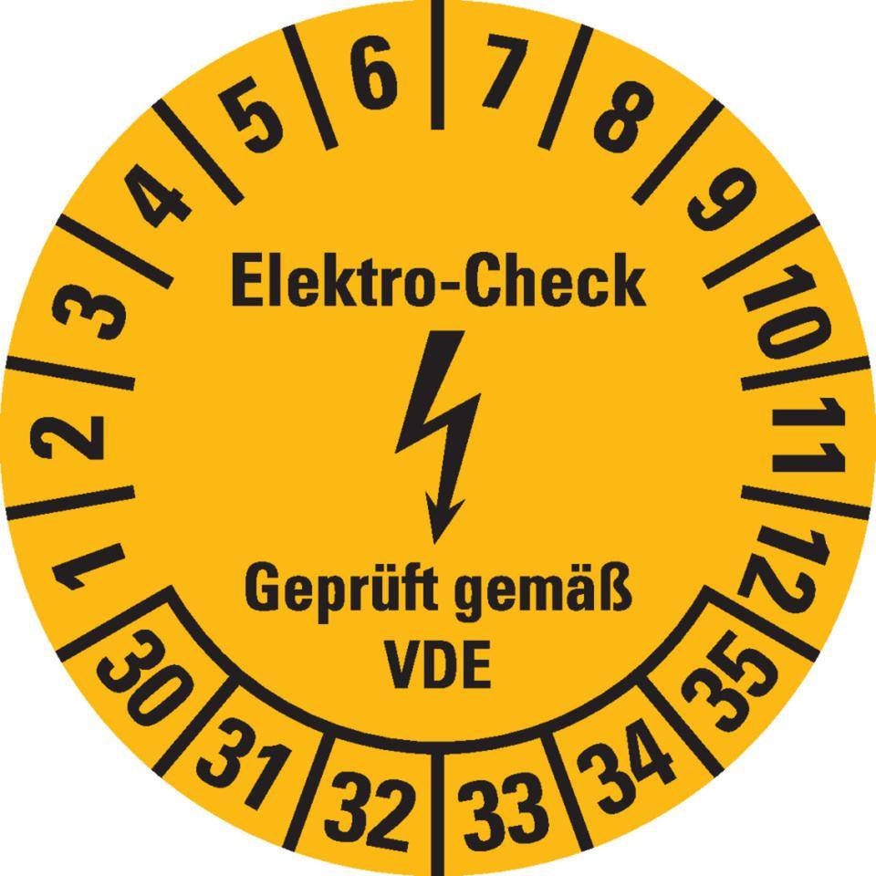 Prüfplakette Elektro-Check... VDE, 30-35, gelb, Dokumentenfolie,Ø 20mm, 36/Bogen
