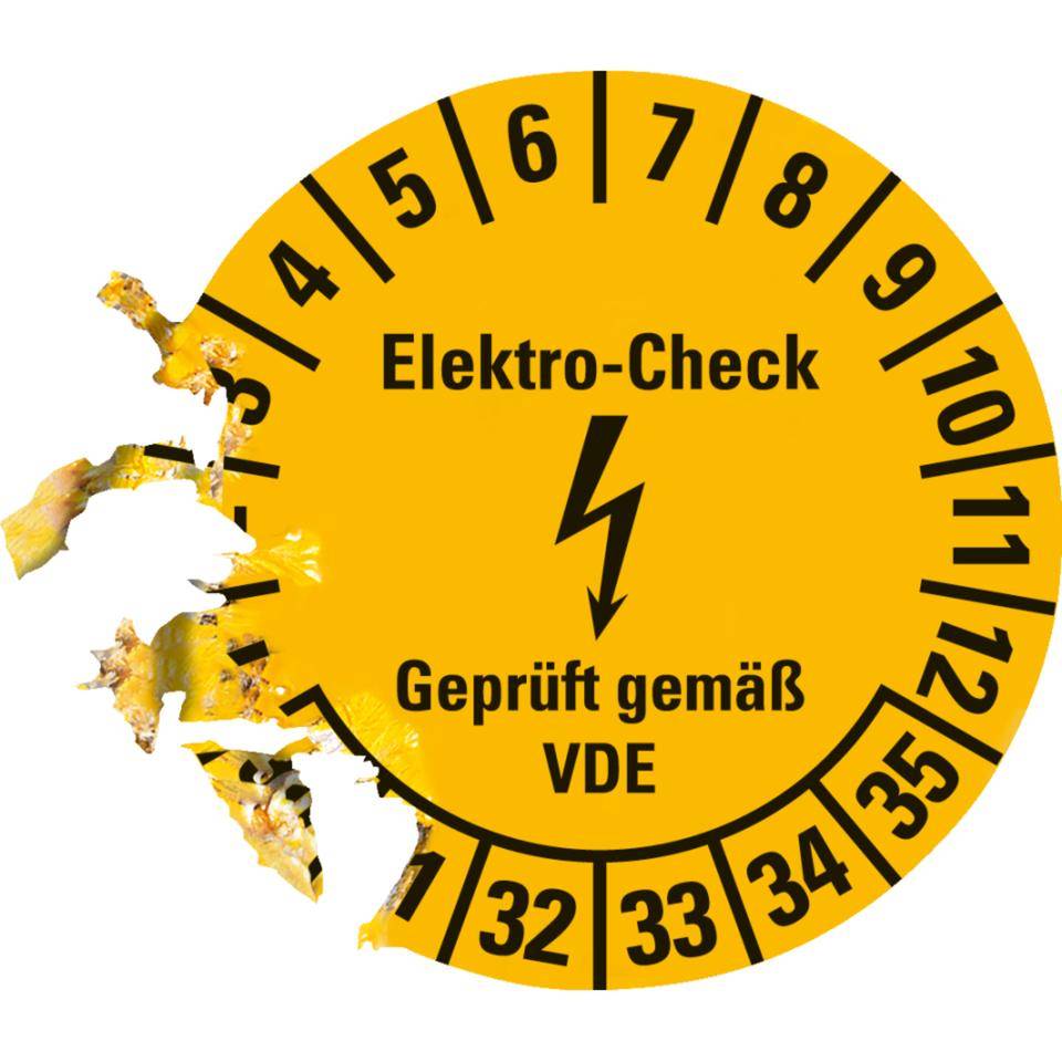 Prüfplakette Elektro-Check... VDE, 30-35, gelb, Dokumentenfolie,Ø 20mm, 36/Bogen