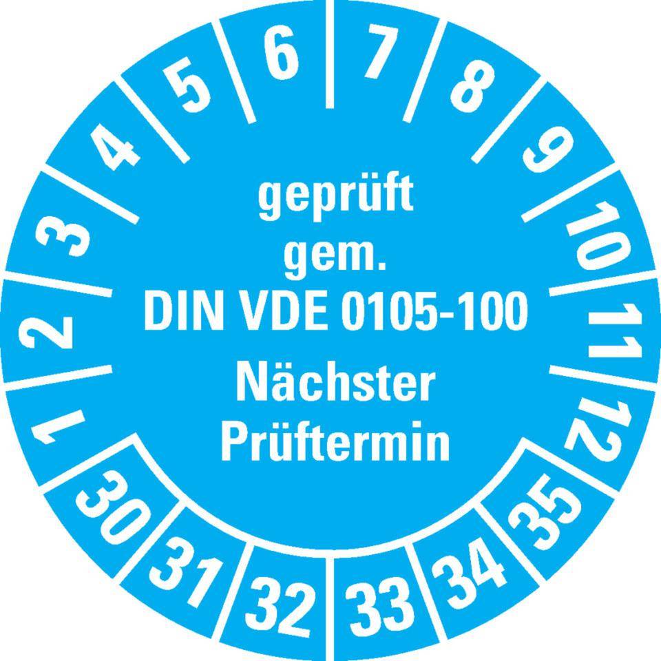 Prüfplakette geprüft gemäß VDE 0105-100, 30-35, hellblau, Dokumentenfolie, Ø 30mm, 18/Bogen