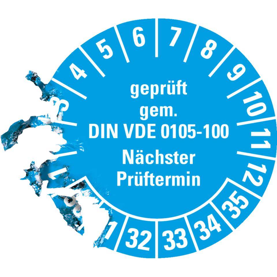 Prüfplakette geprüft gemäß VDE 0105-100, 30-35, hellblau, Dokumentenfolie, Ø 30mm, 18/Bogen