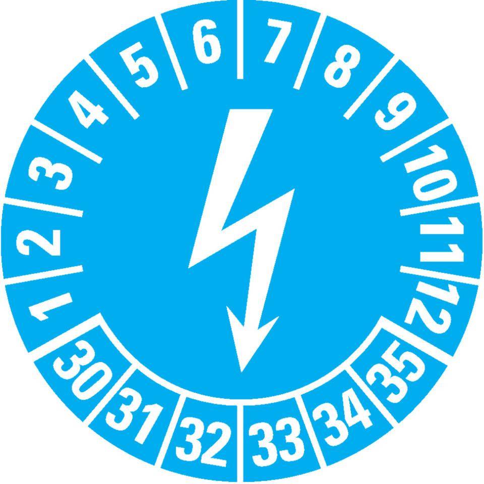 Prüfplakette Blitzpfeil 30-35, hellblau, Dokumentenfolie, selbsklebend, Ø 25mm, 21/Bogen