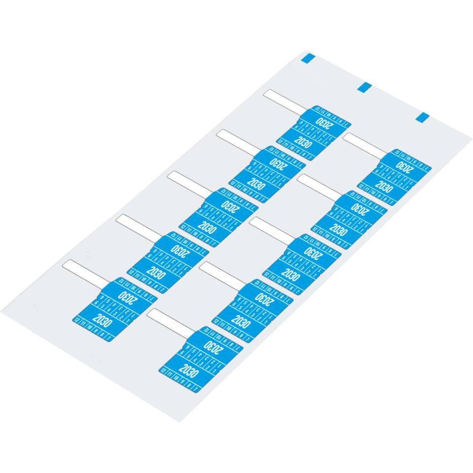 Kabelprüfplakette 2030, hellblau, Folie, selbstklebend, 65x30mm,10/Bogen