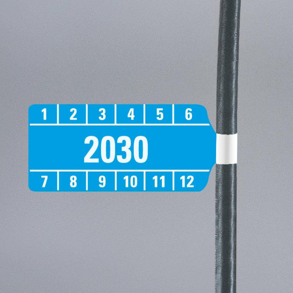 Kabelprüfplakette 2030, hellblau, Folie, selbstklebend, 65x30mm,10/Bogen