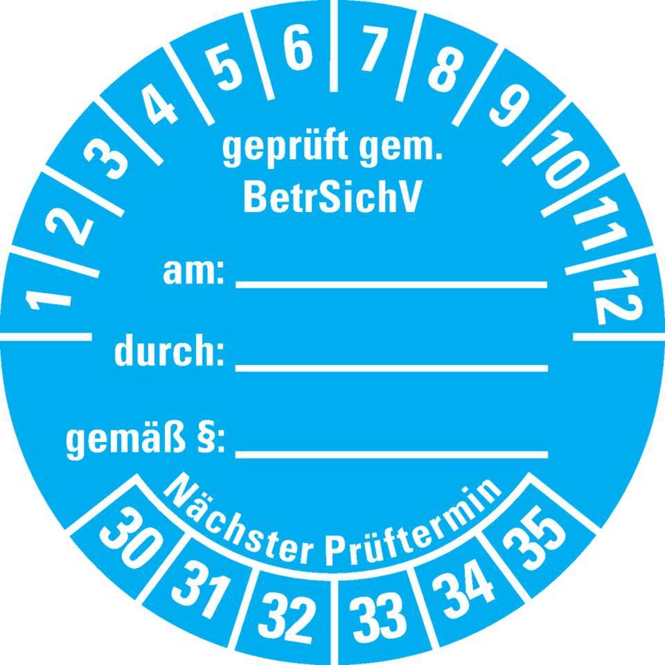 Prüfplakette gemäß BetrSichV, beschriftbar, 30-35, hellblau, Dokumentenfolie, Ø40mm, 10/BOG