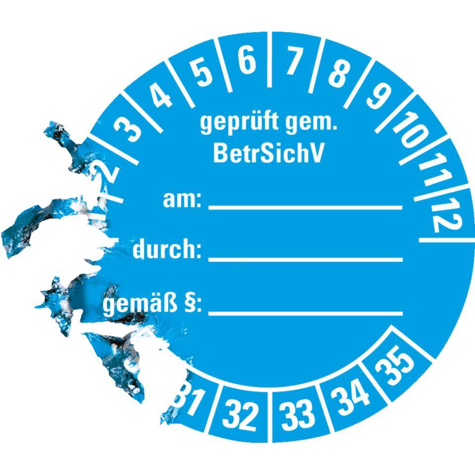 Prüfplakette gemäß BetrSichV, beschriftbar, 30-35, hellblau, Dokumentenfolie, Ø40mm, 10/BOG