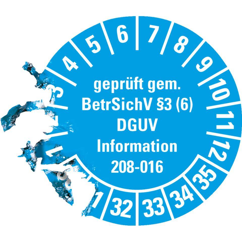 Prüfplakette geprüft gemäß BetrSichV §3(6)DGUV, 30-35, hellblau,Dokumentenfolie, Ø 30mm, 18/Bogen