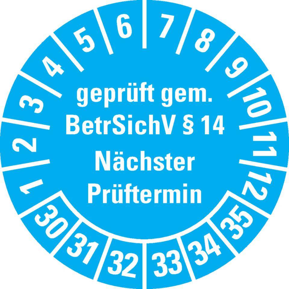 Prüfplakette geprüft gemäß BetrSichV §14, 30-35, hellblau, Dokumentenfolie, Ø30mm, 18/Bogen