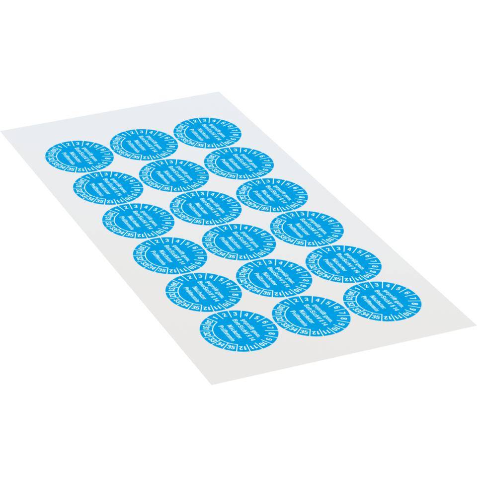 Prüfplakette geprüft gemäß BetrSichV §14, 30-35, hellblau, Dokumentenfolie, Ø30mm, 18/Bogen