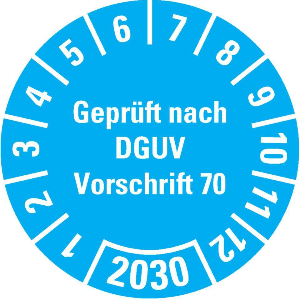 Prüfplakette Geprüft nach DGUV Vorschrift 70, 2030, hellblau, Dokumentenfolie, Ø30mm, 18/BOG