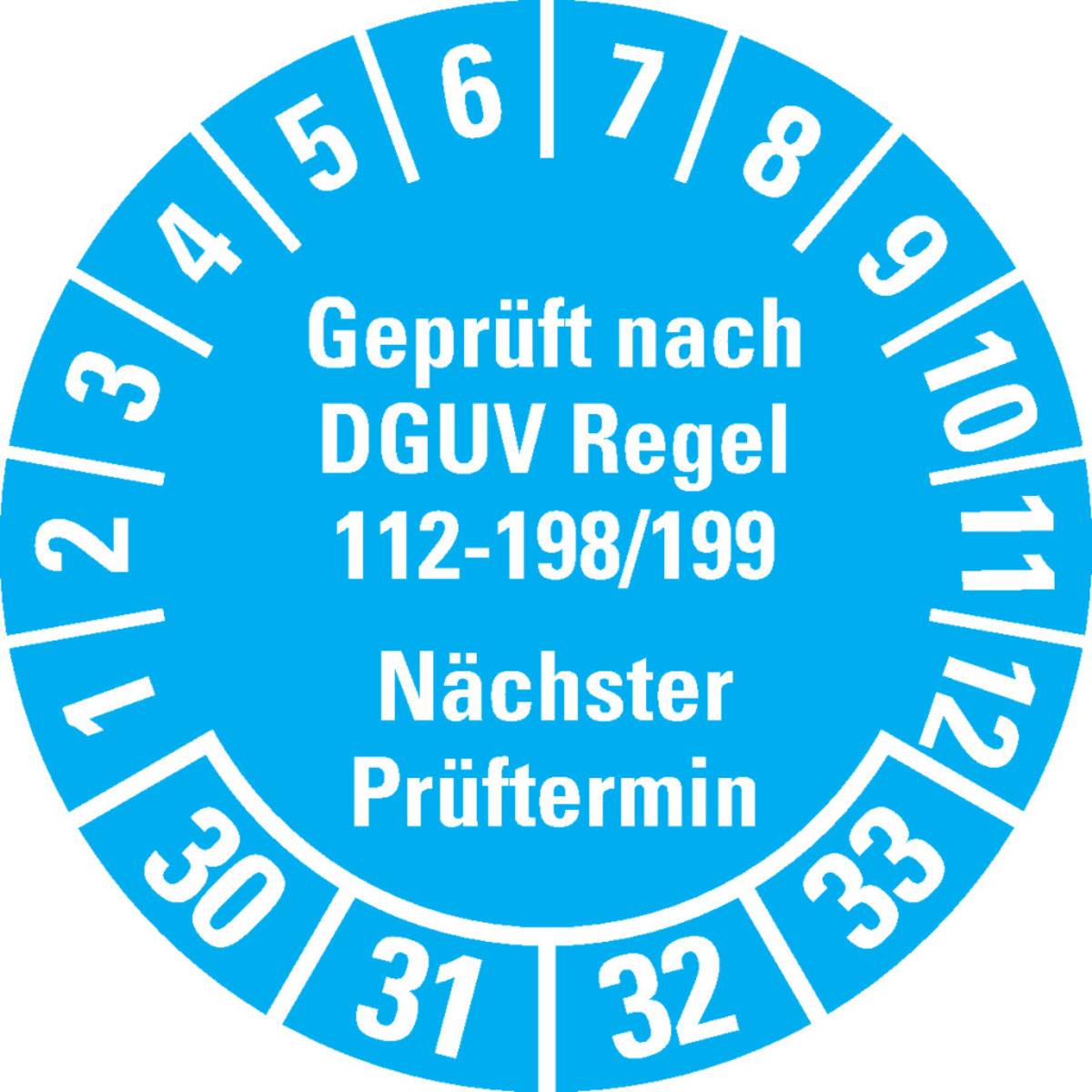 „Geprüft nach DGUV Regel 112-198/199 Nächster Prüftermin