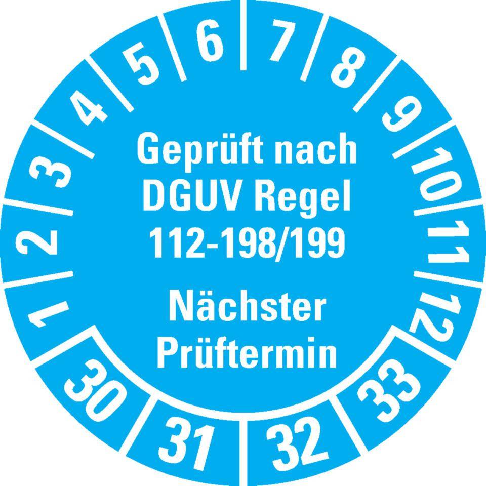 Prüfplakette Geprüft nach DGUV 112-198/199 30-33, hellblau, Ø 30mm, 18/Bogen