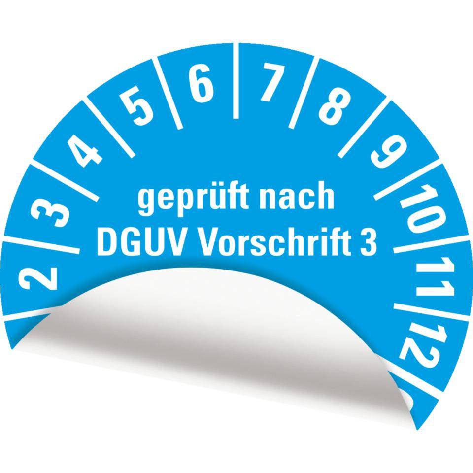 Prüfplakette geprüft nach DGUV Vorschrift 3, Nächster Prüftermin, 30-35, hellblau, Cellulose-Folie, Ø30mm, 500/Rolle