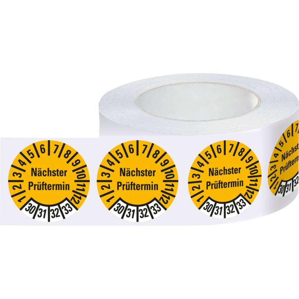 Prüfplakette, Nächster Prüftermin 30-33, gelb, Dokumentenfolie, Ø 10mm, 1000/Rolle