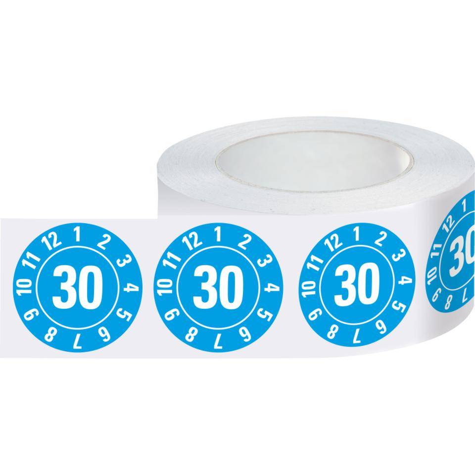 Jahresprüfplakette 30, hellblau, Dokumentenfolie, Ø 20mm, 500/Rolle