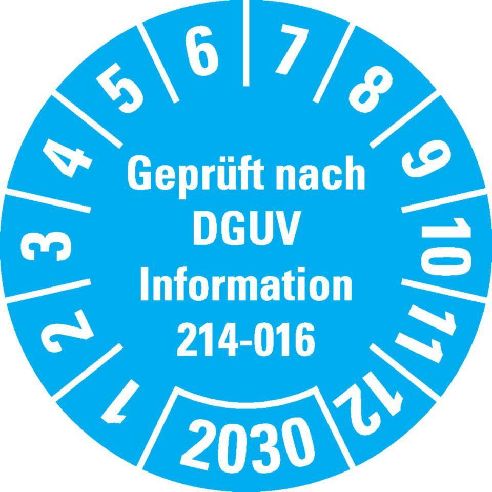 Prüfplakette Geprüft DGUV Info. 214-016, 2030, hellblau, Dokumentenfolie, Ø 30mm, 18/Bogen
