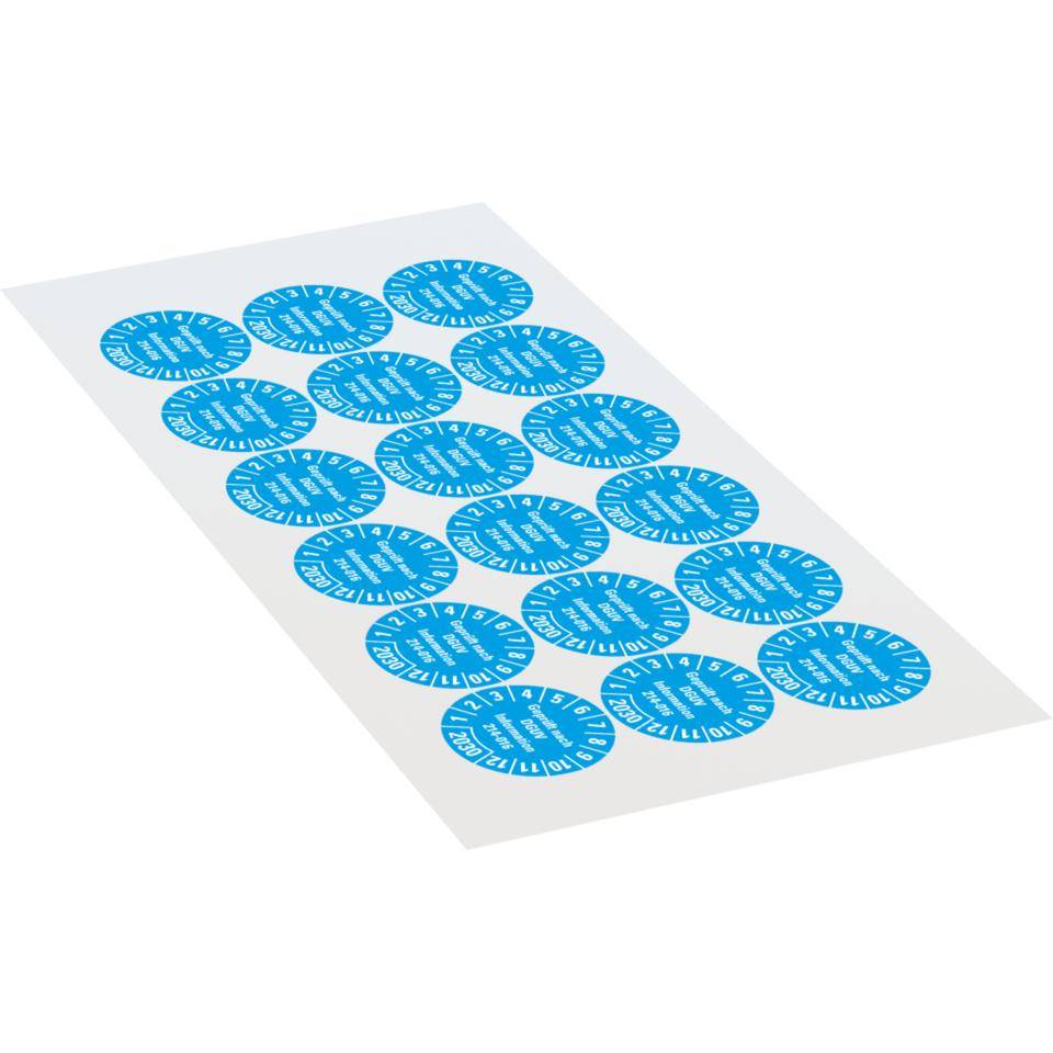 Prüfplakette Geprüft DGUV Info. 214-016, 2030, hellblau, Dokumentenfolie, Ø 30mm, 18/Bogen
