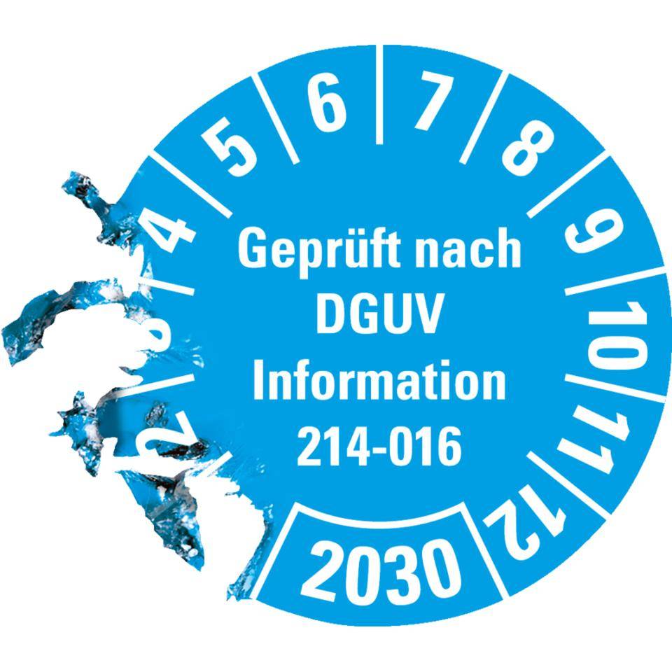 Prüfplakette Geprüft DGUV Info. 214-016, 2030, hellblau, Dokumentenfolie, Ø 30mm, 18/Bogen