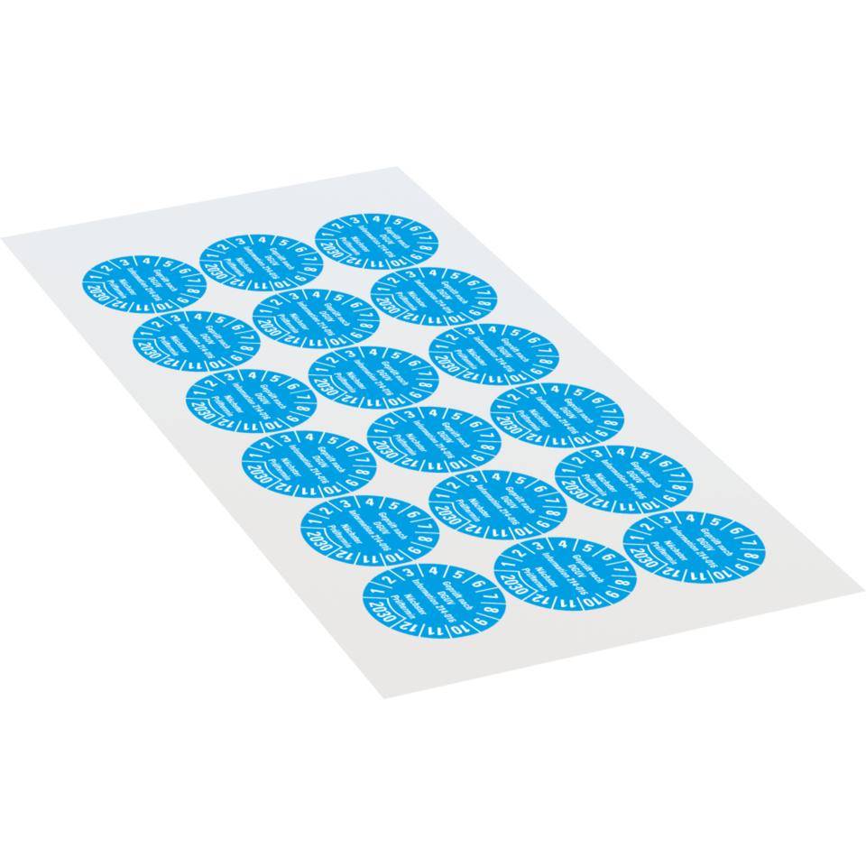 Prüfplakette Geprüft DGUV Info.214-016 Nächster Prüftermin 2030,hellblau, Dokumentenfolie, Ø30mm, 18/Bogen