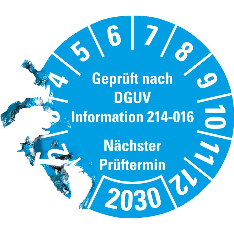 Prüfplakette Geprüft DGUV Info.214-016 Nächster Prüftermin 2030,hellblau, Dokumentenfolie, Ø30mm, 18/Bogen