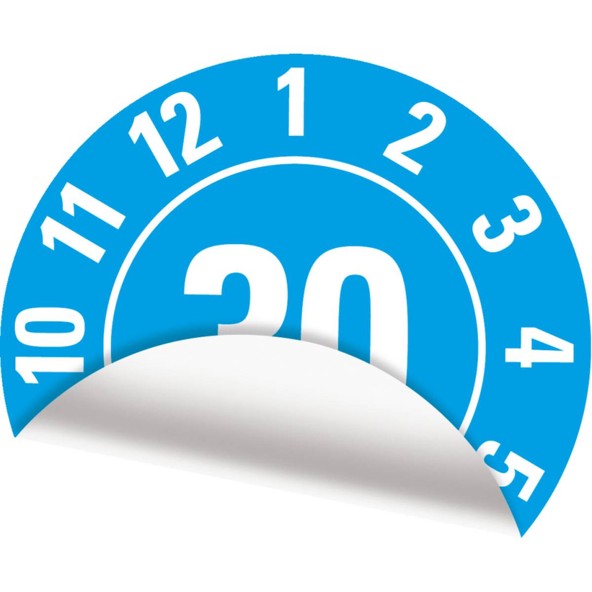 Ein blauer kreisförmiger Aufkleber mit weißen Zahlen 1 bis 12 um den Rand verteilt und „30