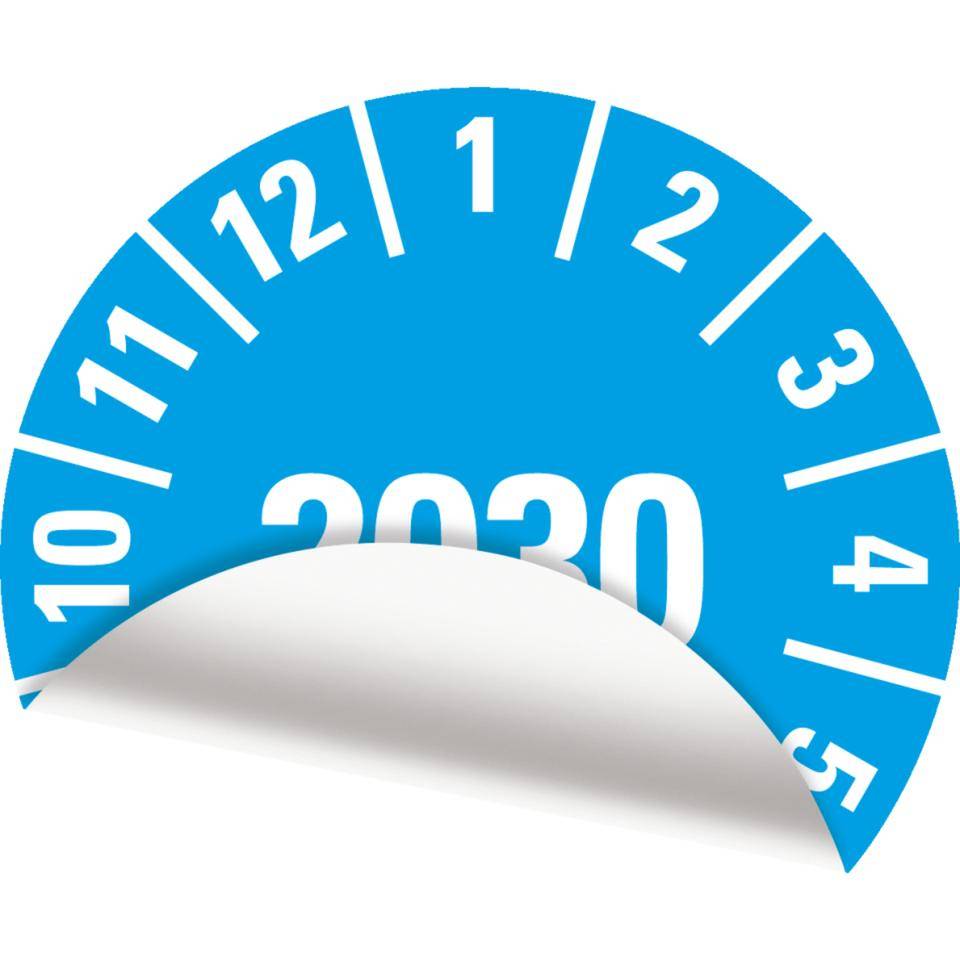 Jahresprüfplakette 2030, hellblau, Folie, ablösbar, Ø 10mm, 128/Bogen