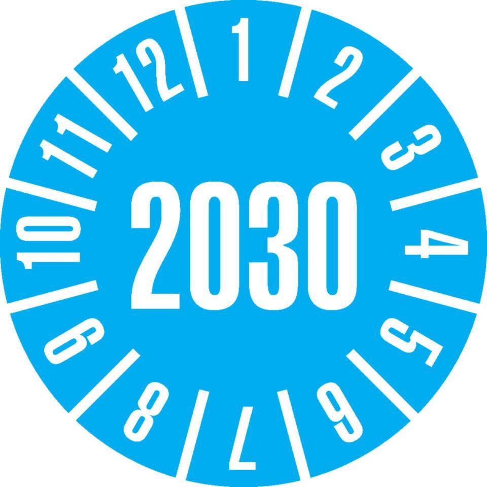 Jahresprüfplakette 2030, hellblau, Cellulose-Folie, selbsklebend, Ø 30mm, 18/Bogen