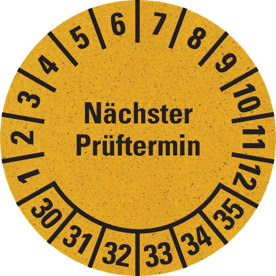 Prüfplakette Nächster Prüftermin 30-35, gelb, Primärfaser-Graspapier, Ø30mm, 500/ROL
