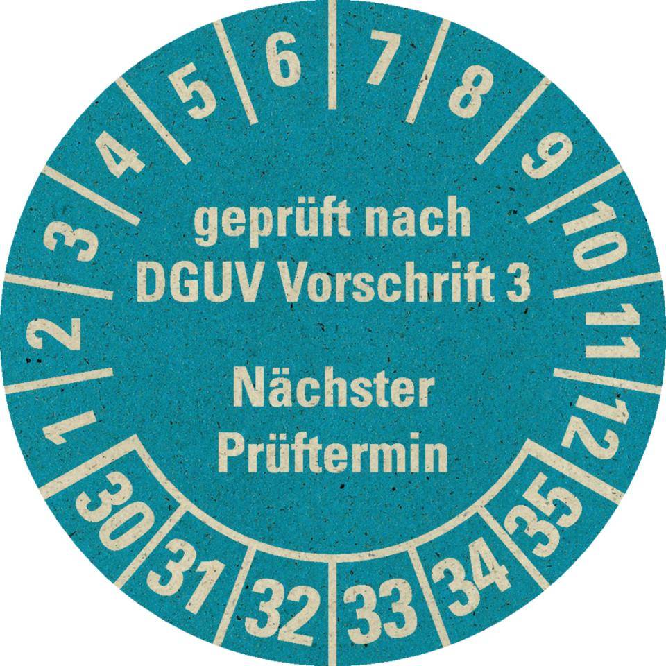 Prüfplakette DGUV3, Nächster Prüftermin, 30-35, hellblau, Primärfaser-Graspapier, Ø30mm, 18/Bogen