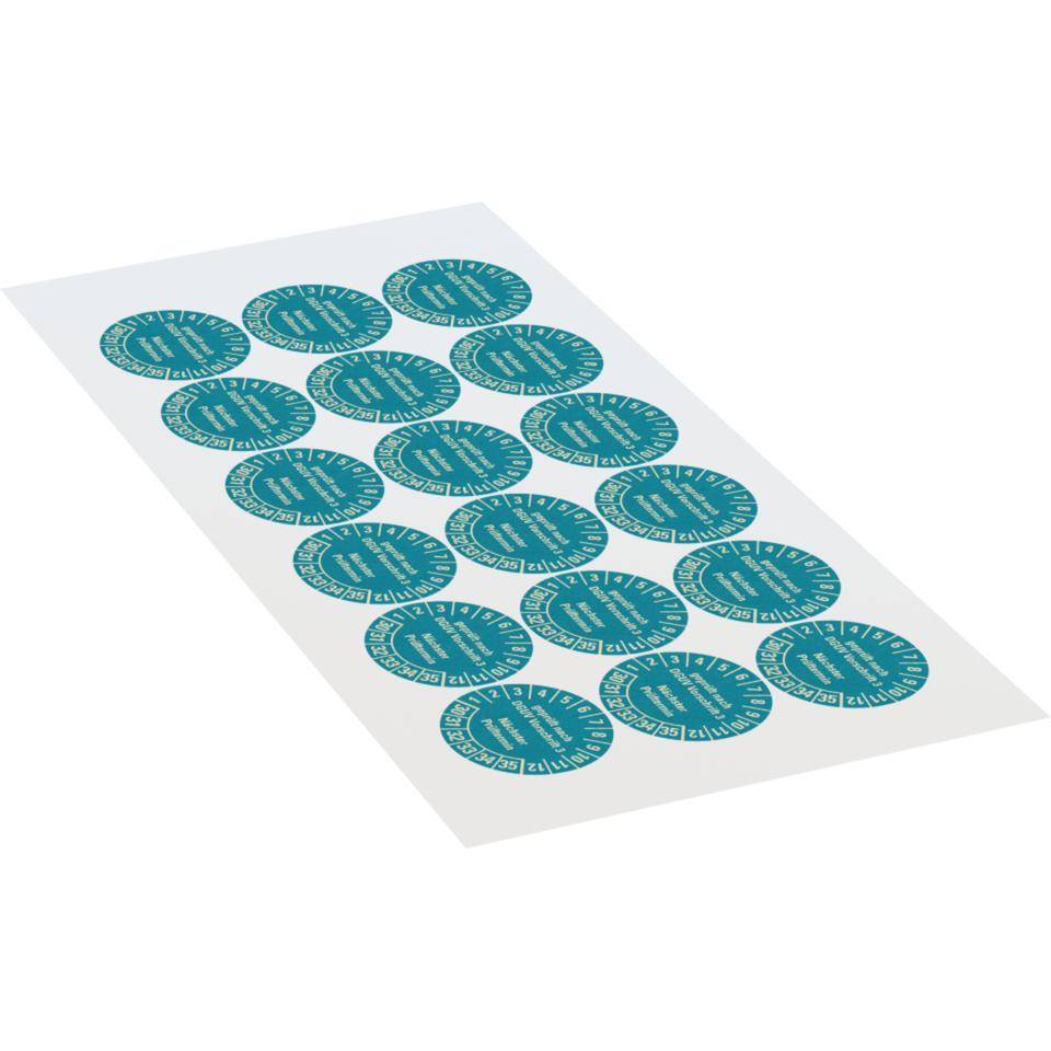 Prüfplakette DGUV3, Nächster Prüftermin, 30-35, hellblau, Primärfaser-Graspapier, Ø30mm, 18/Bogen