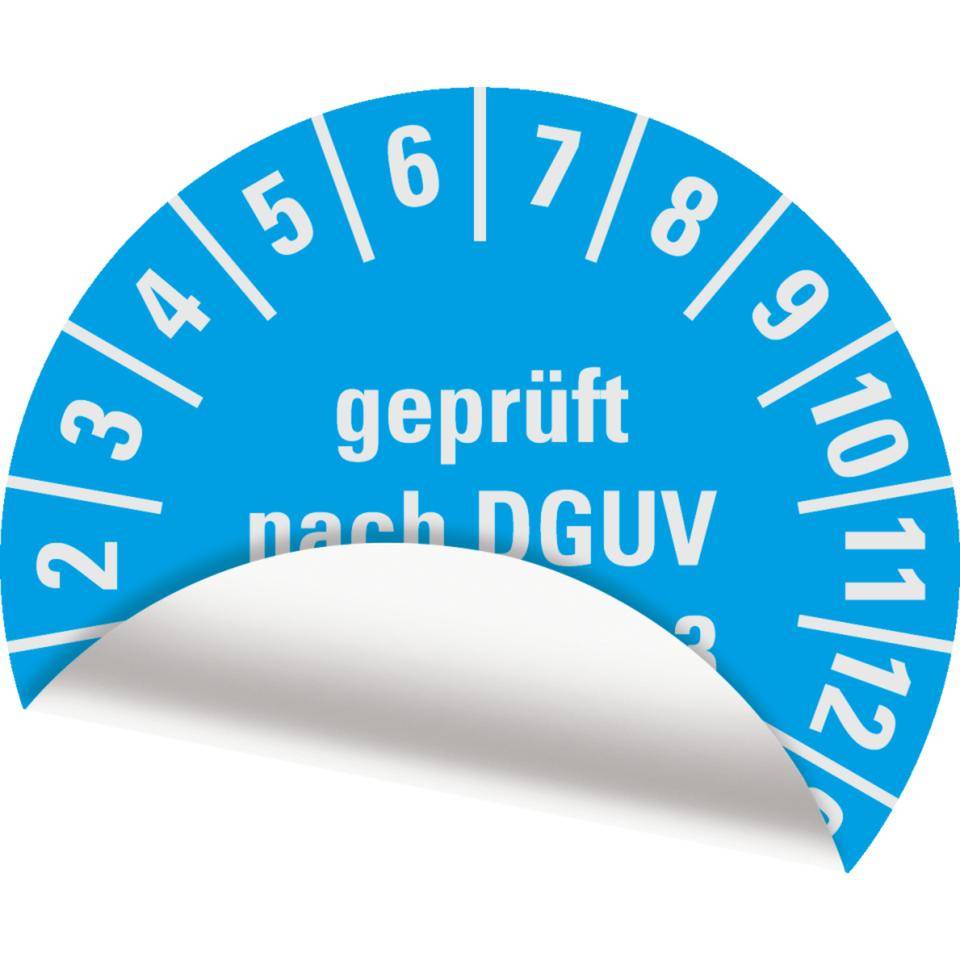 Prüfplakette geprüft nach DGUV Vorschrift 3, 30-35, hellblau, Folie, ablösbar, Ø 20mm, 36/Bogen