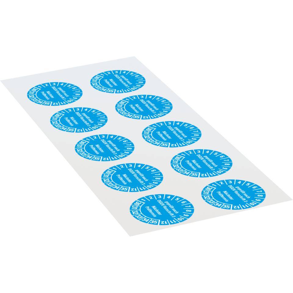 Prüfplakette geprüft nach DGUV Vorschrift 3 Nächster Prüftermin,30-35, hellblau, Folie, ablösbar, Ø 35mm, 10/Bogen