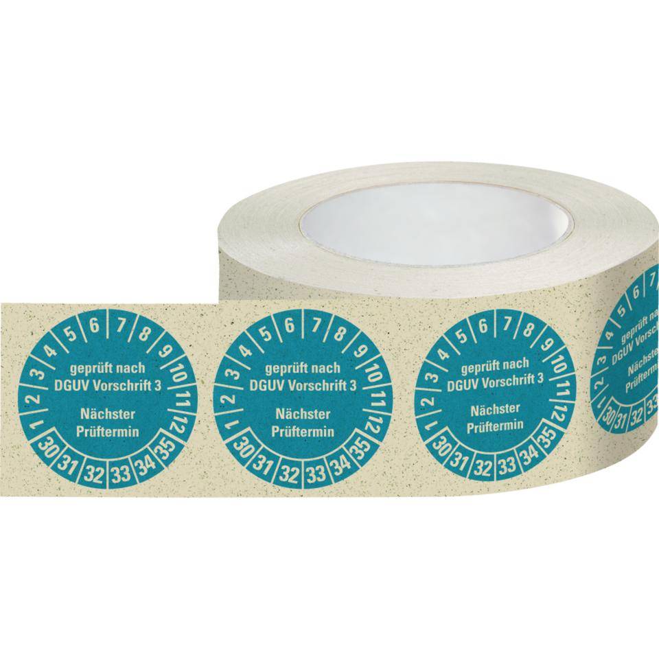 Prüfplakette DGUV3, Nächster Prüftermin, 30-35, hellblau, Primärfaser-Graspapier, Ø30mm, 500/Rolle