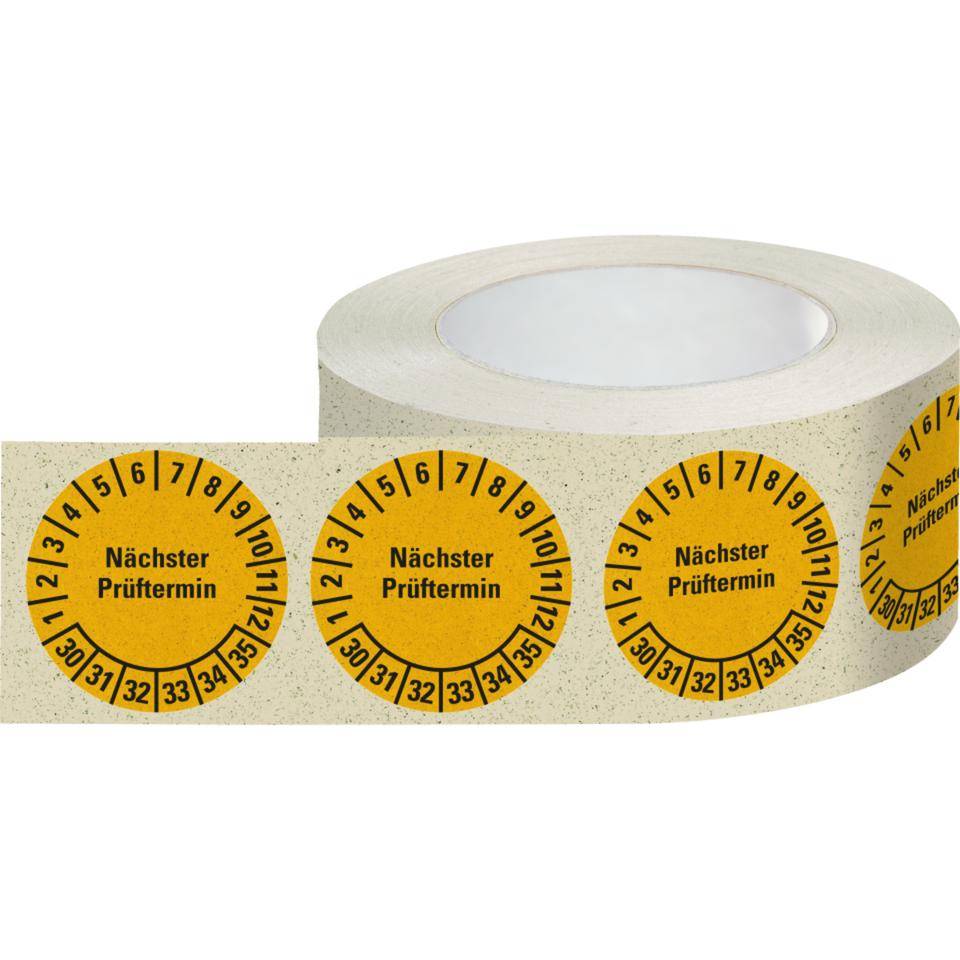 Prüfplakette Nächster Prüftermin 30-35, gelb, Primärfaser-Graspapier, Ø30mm, 500/ROL