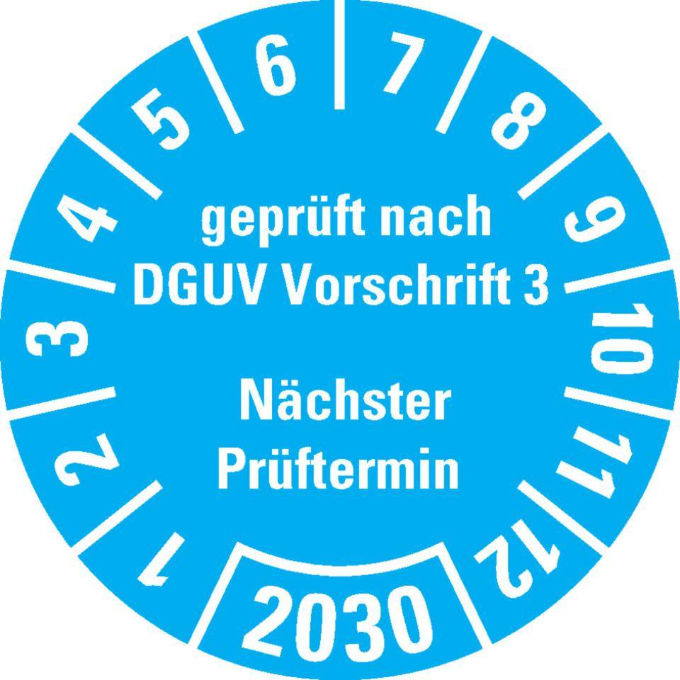 Prüfplakette geprüft nach DGUV Vorschrift 3 Nächster Prüftermin 2030, hellblau, Dokumentenfolie, Ø 25mm, 500/Rolle