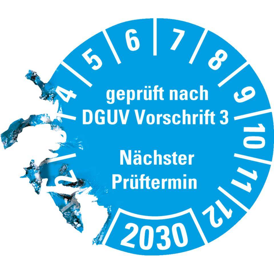Prüfplakette geprüft nach DGUV Vorschrift 3 Nächster Prüftermin 2030, hellblau, Dokumentenfolie, Ø 25mm, 500/Rolle